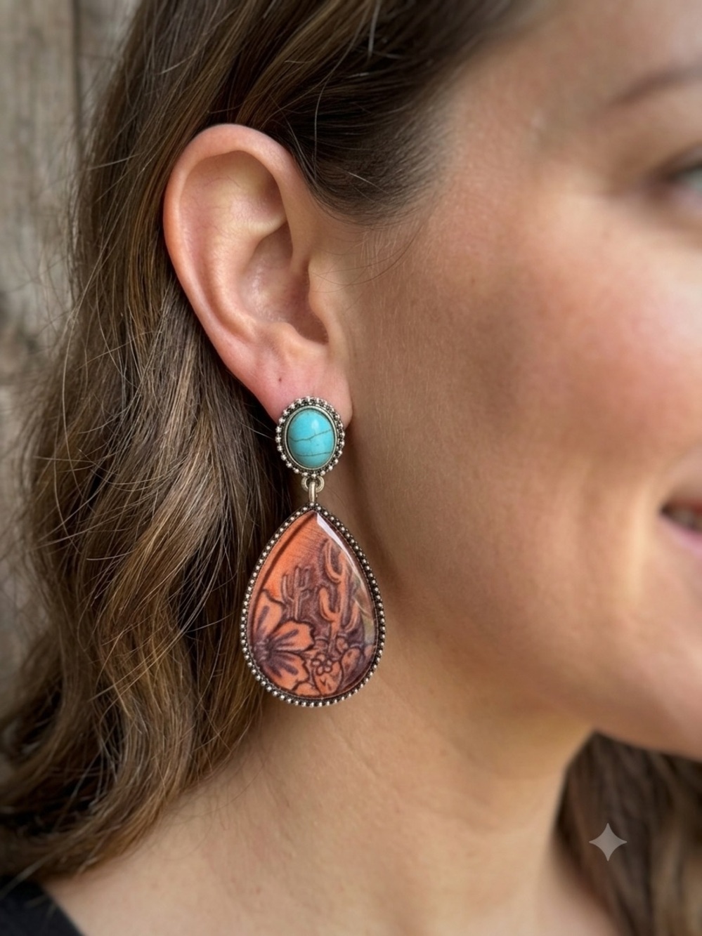 Boho Southwest Cactus & Flower Teardrop Dangle Earrings Silver